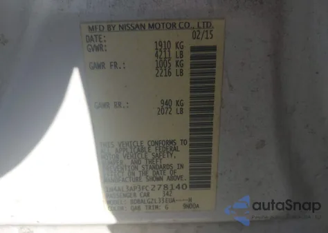 2015 Nissan Altima 2.5 S z USA, uszkodzony, nr VIN 1N4AL3AP3FC278140